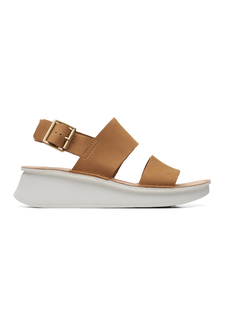 Sandale din piele nabuc cu talpa wedge - Maro camel