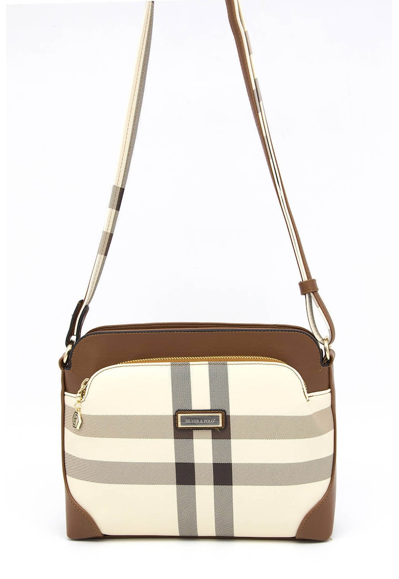 Geanta de piele ecologica cu bareta ajustabila de umar - Maro inchis/Alb fildes/Negru