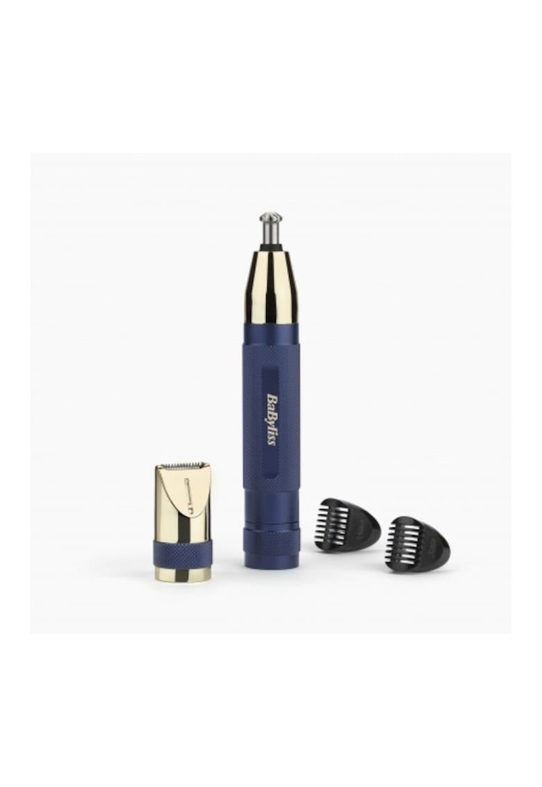 Trimmer pentru urechi - nas si sprancene - Diamond Precision - - 4 capete interschimbabile - 3 lame conice - auriu/ albastru