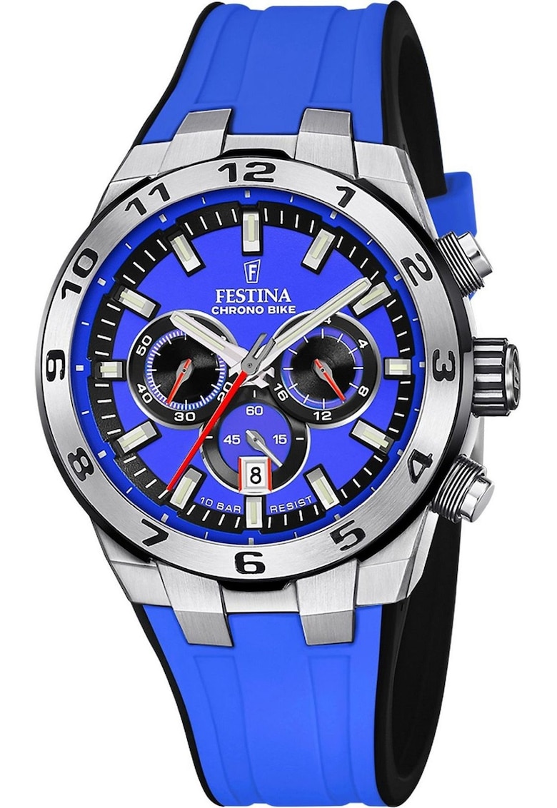 Ceas Chrono Bike - cronograf - rezistent la apa 100m - curea de cauciuc albastru - cadran albastru