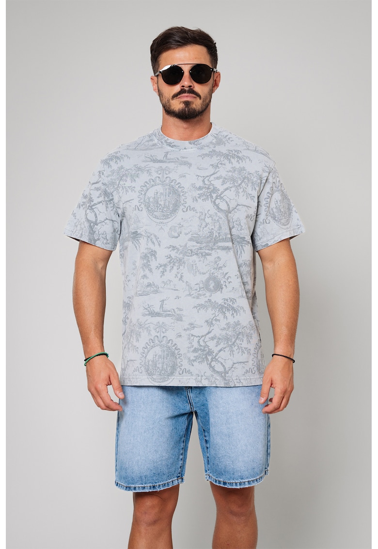 Tricou cu imprimeu si decolteu la baza gatului