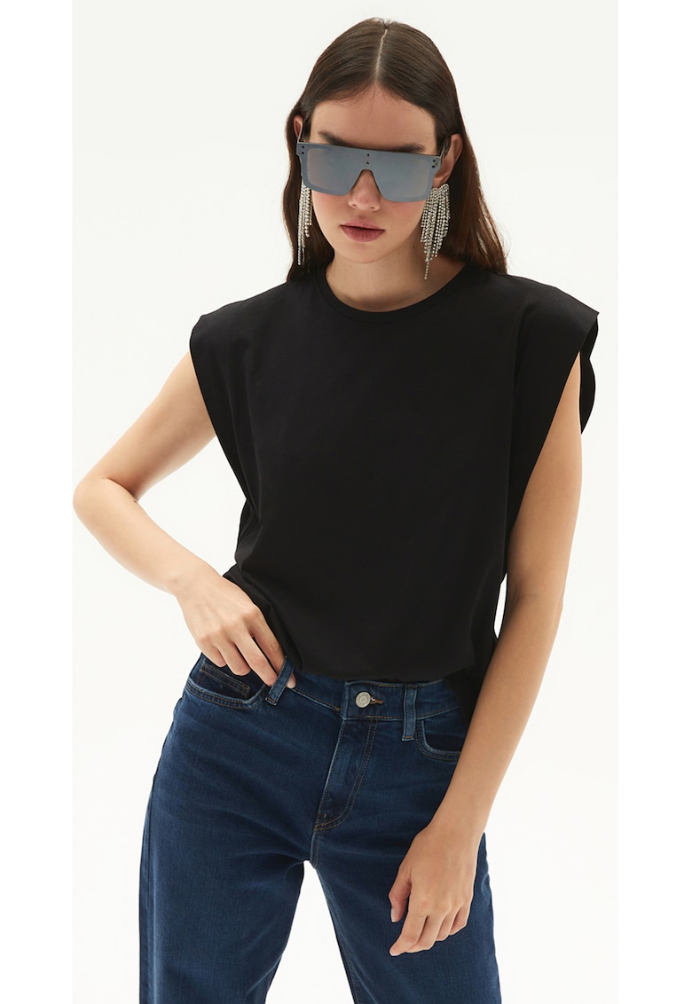 Tricou de bumbac cu decolteu la baza gatului - Negru