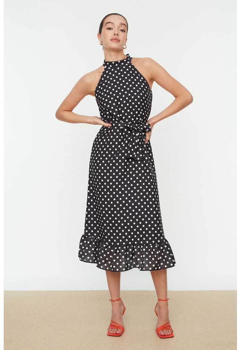 Rochie midi cu decolteu halter si buline