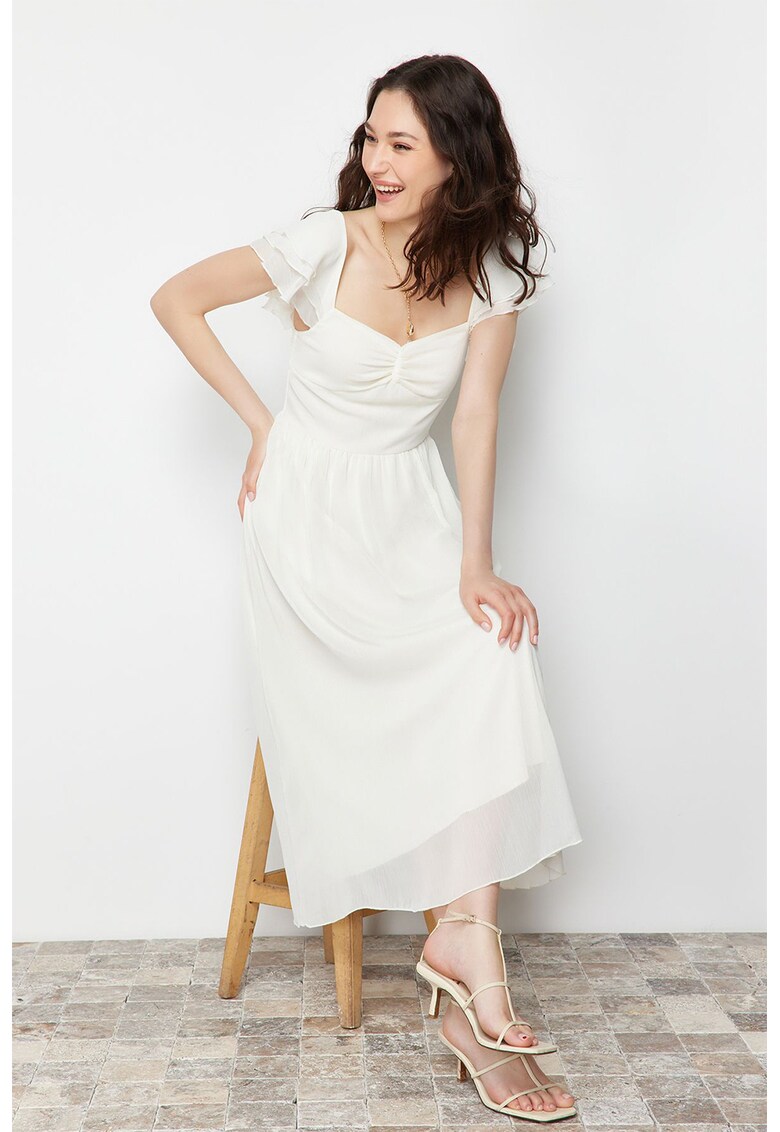 Rochie midi din sifon cu maneci scurte cu volane