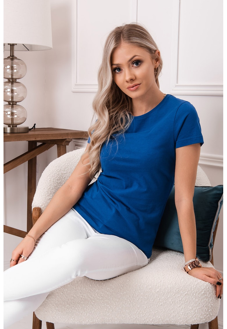 Tricou de bumbac cu decolteu la baza gatului - Albastru royal