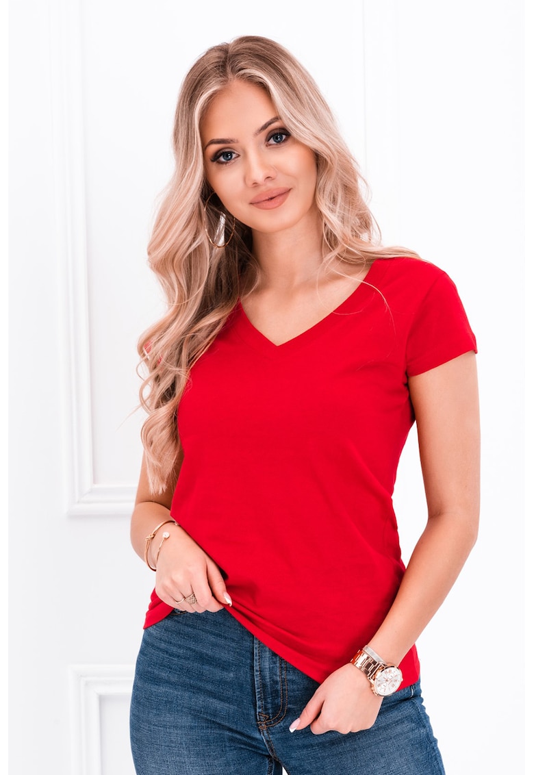 Tricou de bumbac cu decolteu in V - Rosu