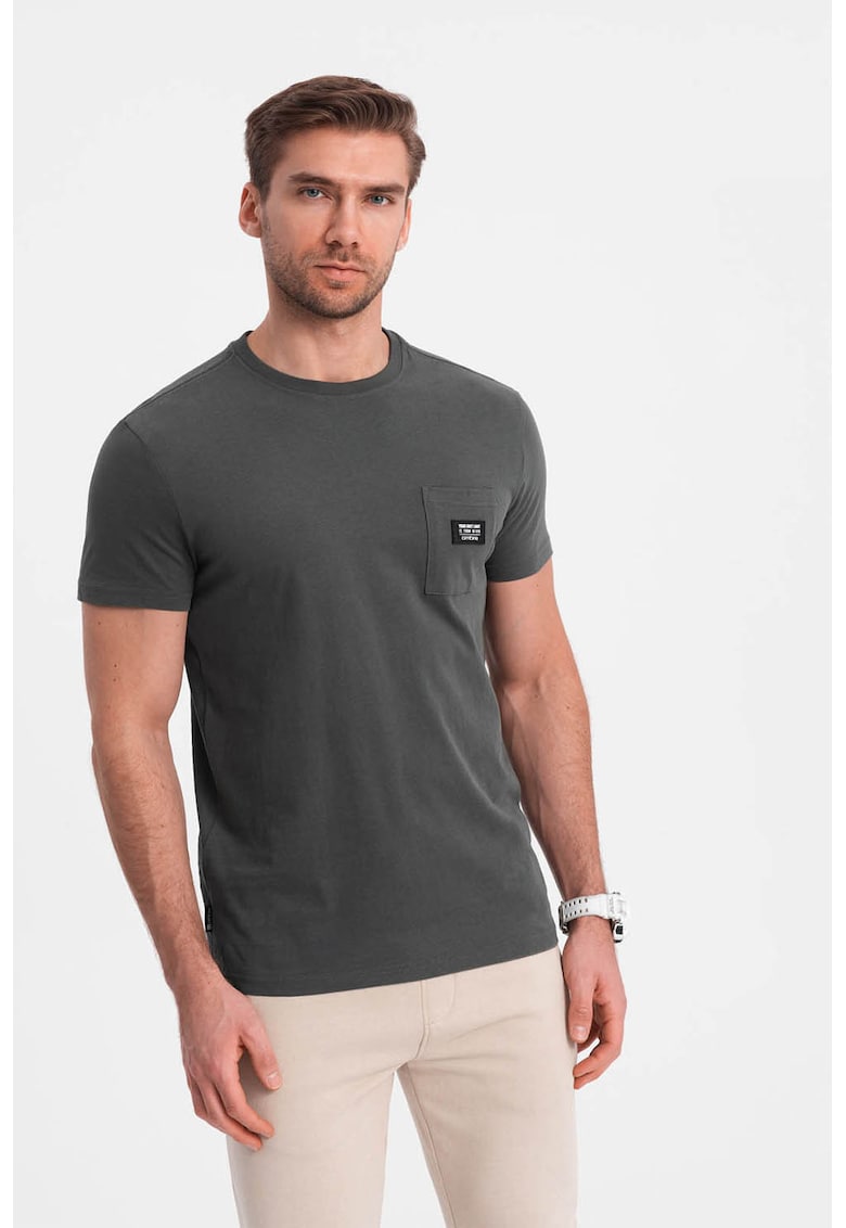 Ombre Tricou cu decolteu la baza gatului si buzunar pe piept - Gri inchis