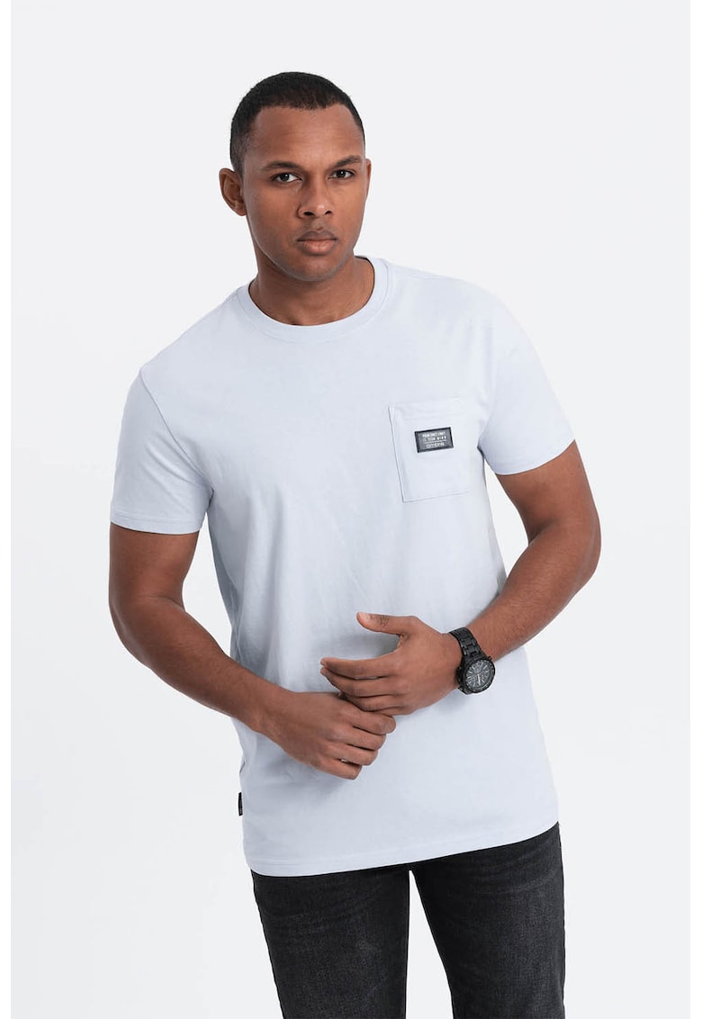 Ombre Tricou cu decolteu la baza gatului si buzunar pe piept - Albastru deschis