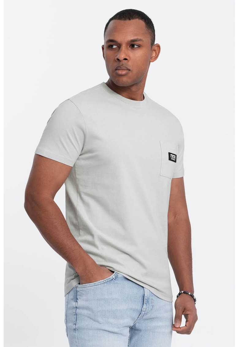 Tricou cu decolteu la baza gatului si buzunar pe piept - Gri deschis