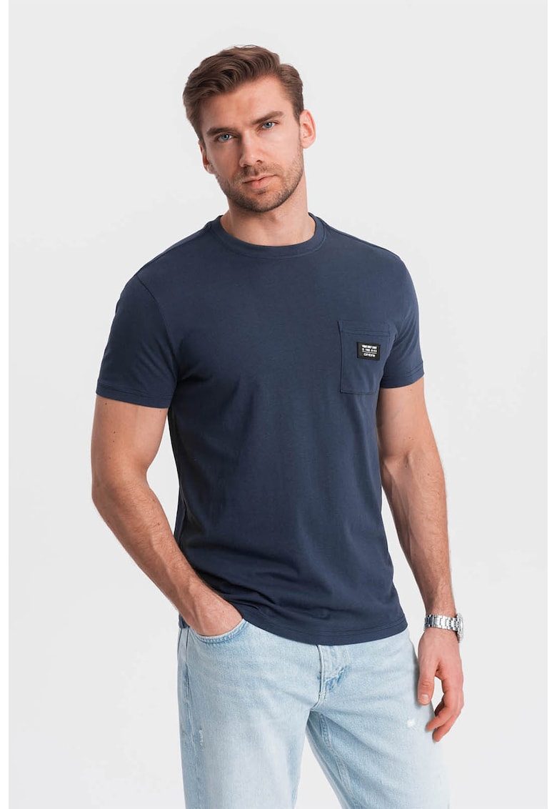 Tricou cu decolteu la baza gatului si buzunar pe piept - Bleumarin