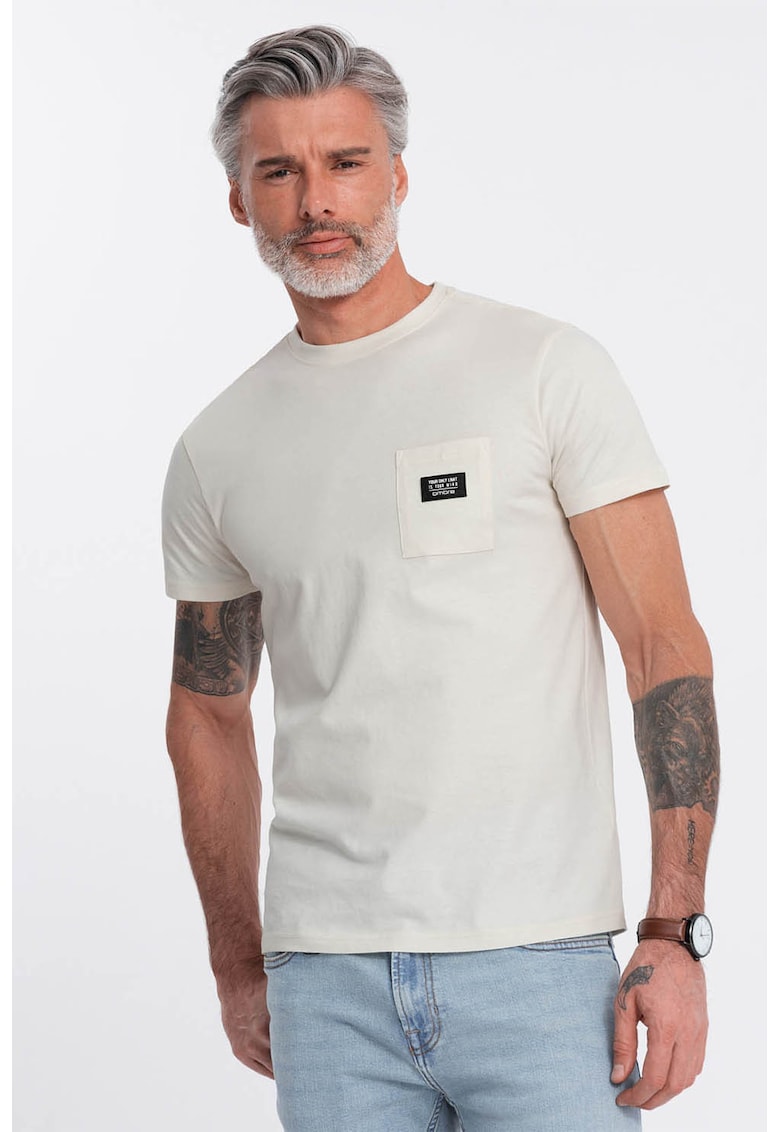 Tricou cu decolteu la baza gatului si buzunar pe piept - Alb fildes