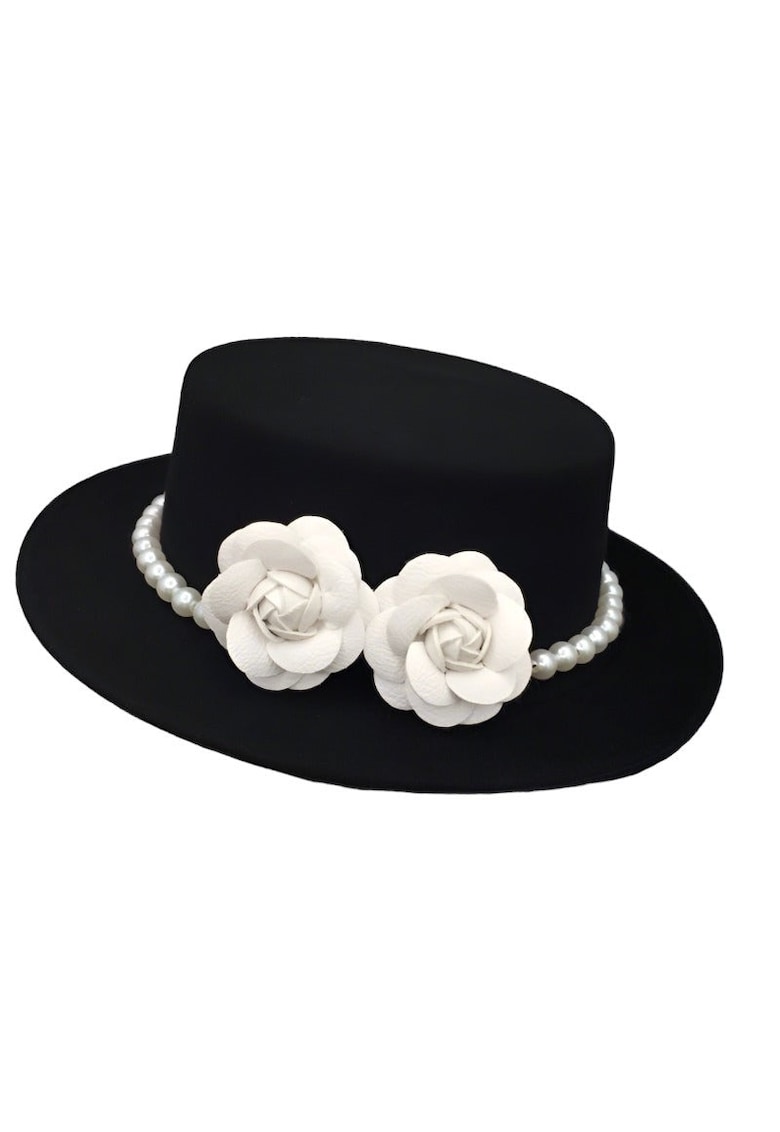 Palarie neagra - stil canotiera - handmade - cu flori si perle - Senna