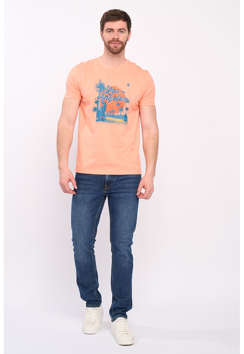 Tricou cu imprimeu grafic si decolteu la baza gatului - Roz somon