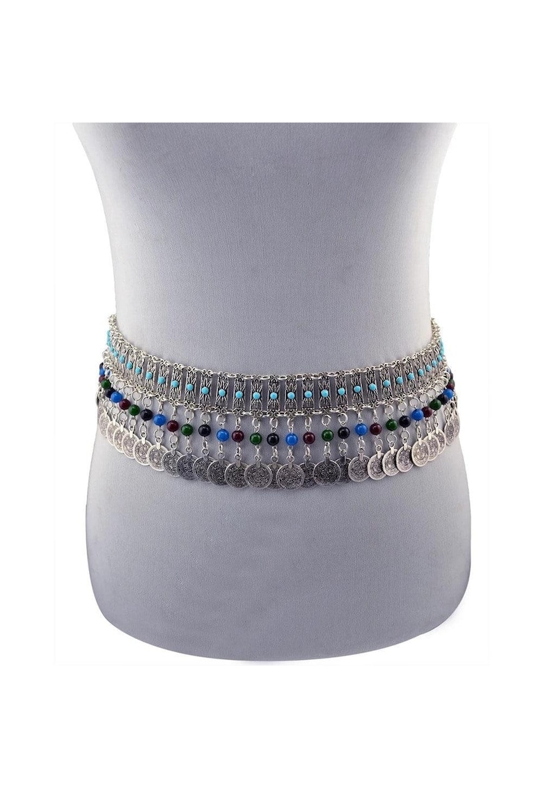 Lant de corp - argintiu - stil curea - cu banuti si pietre turquoise - Tilman C19 -