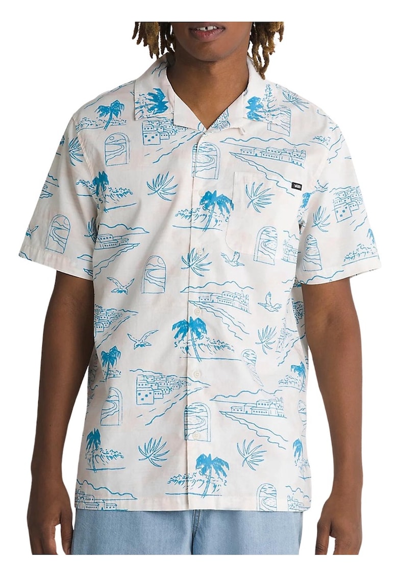 Camasa cu maneca scurta barbati - Bumbac - Alb/Albastru - Alb/Albastru