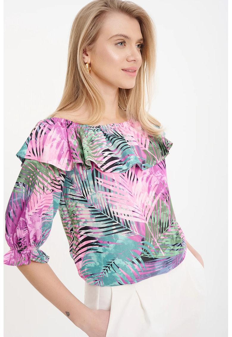 Bluza cu imprimeu tropical si volane