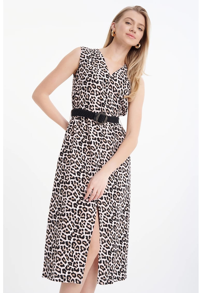 Rochie din amestec de in cu animal print si buzunare laterale