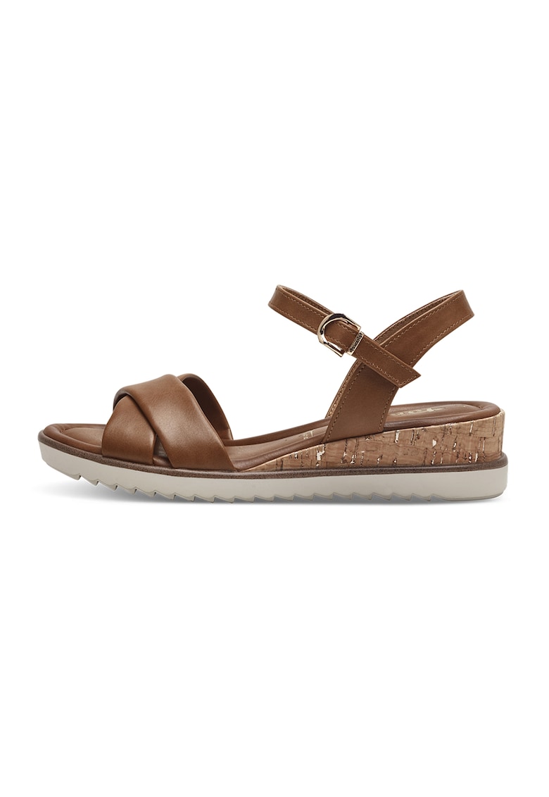 Sandale wedge de piele ecologica - Maro