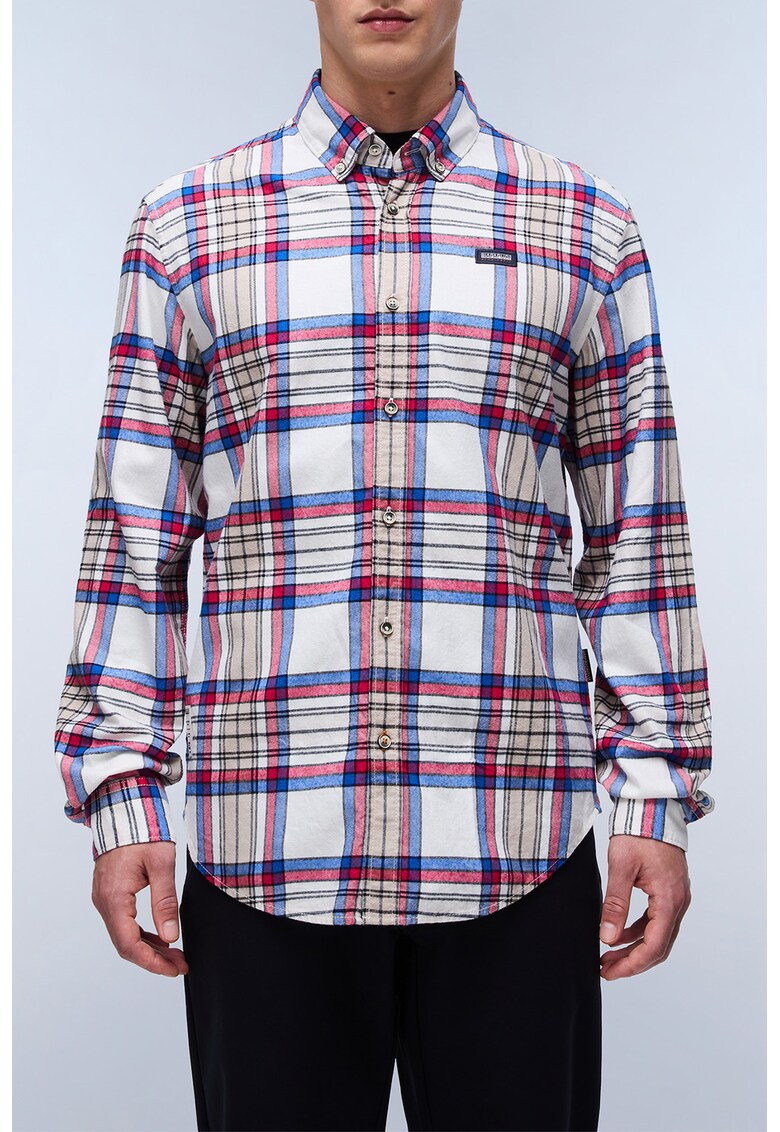 Camasa de bumbac in carouri cu guler fixat cu nasturi - Rosu/Turcoaz/Alb murdar