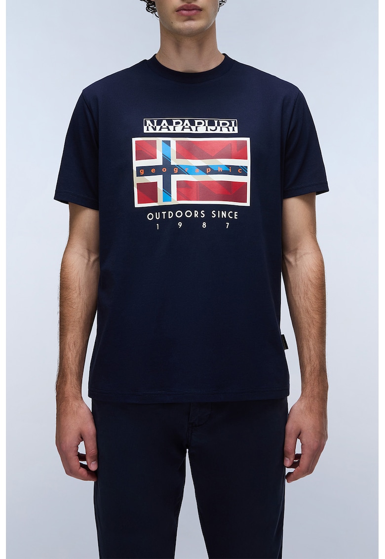 Tricou cu model logo si grafic - cu decolteu la baza gatului - Rosu/Bleumarin