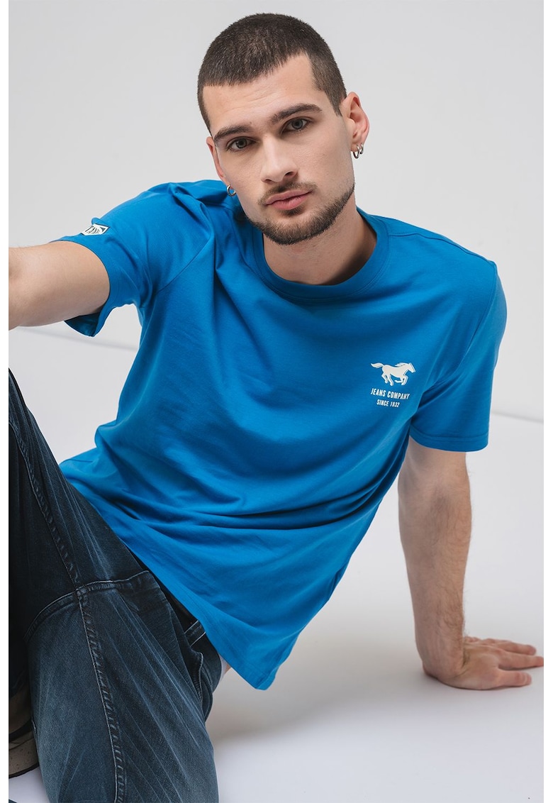 Tricou de bumbac cu decolteu la baza gatului Austin - Albastru royal