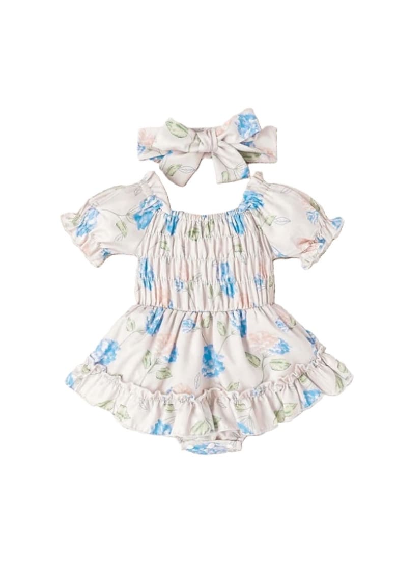 Body Cu Fustita Cu Volanase - Cu Bentita - Floral - Casual - Fete - Capse - Maneca scurta - Roz pal/Albastru deschis