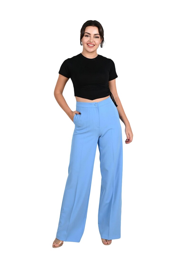 Pantaloni Dama - Drepti si eleganti - Talie inalta si croi drept - Bumbac - Albastru