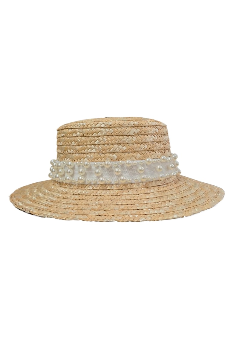 Palarie bej - de vara - din paie - stil canotiera - handmade - reglabila - cu accesoriu detasabil - Sima