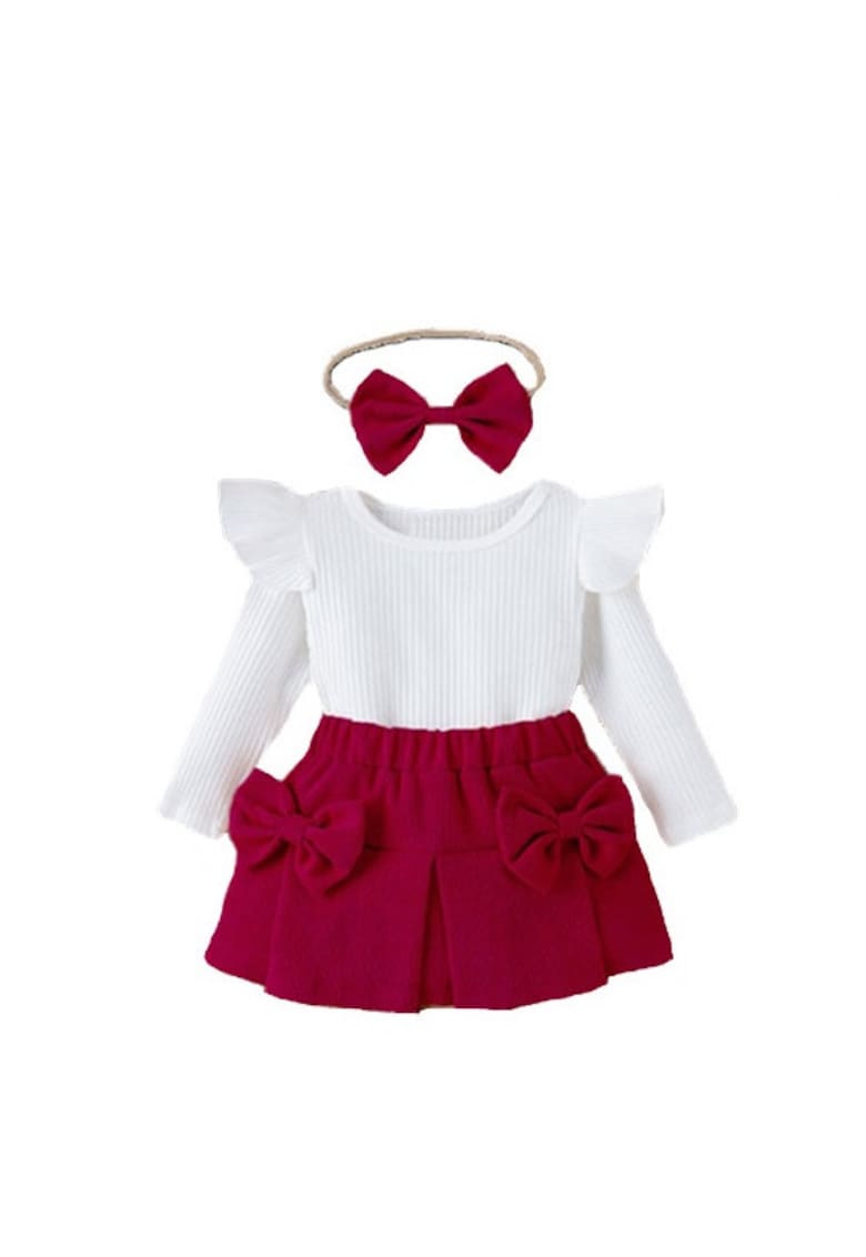 Compleu Cu Bluzita - Fustita Si Bentita - Casual - Fete - Maneca lunga - Alb/Visiniu