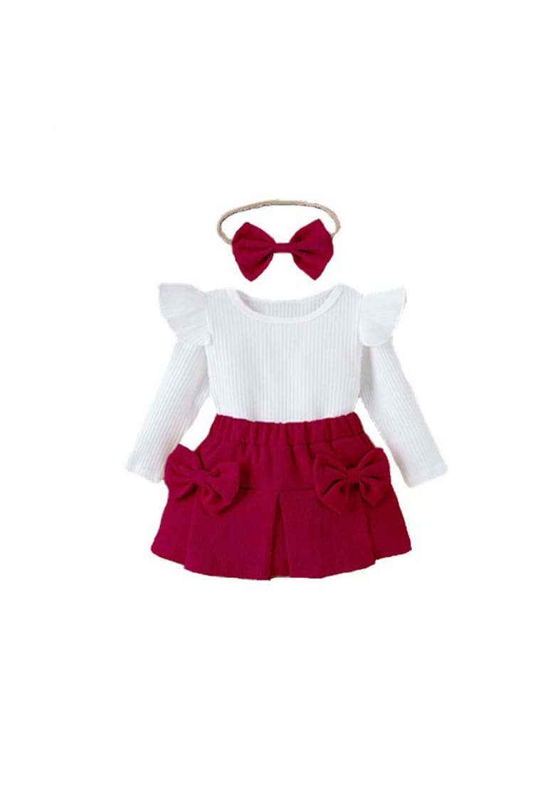 Compleu Cu Bluzita - Fustita Si Bentita - Casual - Fete - Maneca lunga - Alb/Visiniu