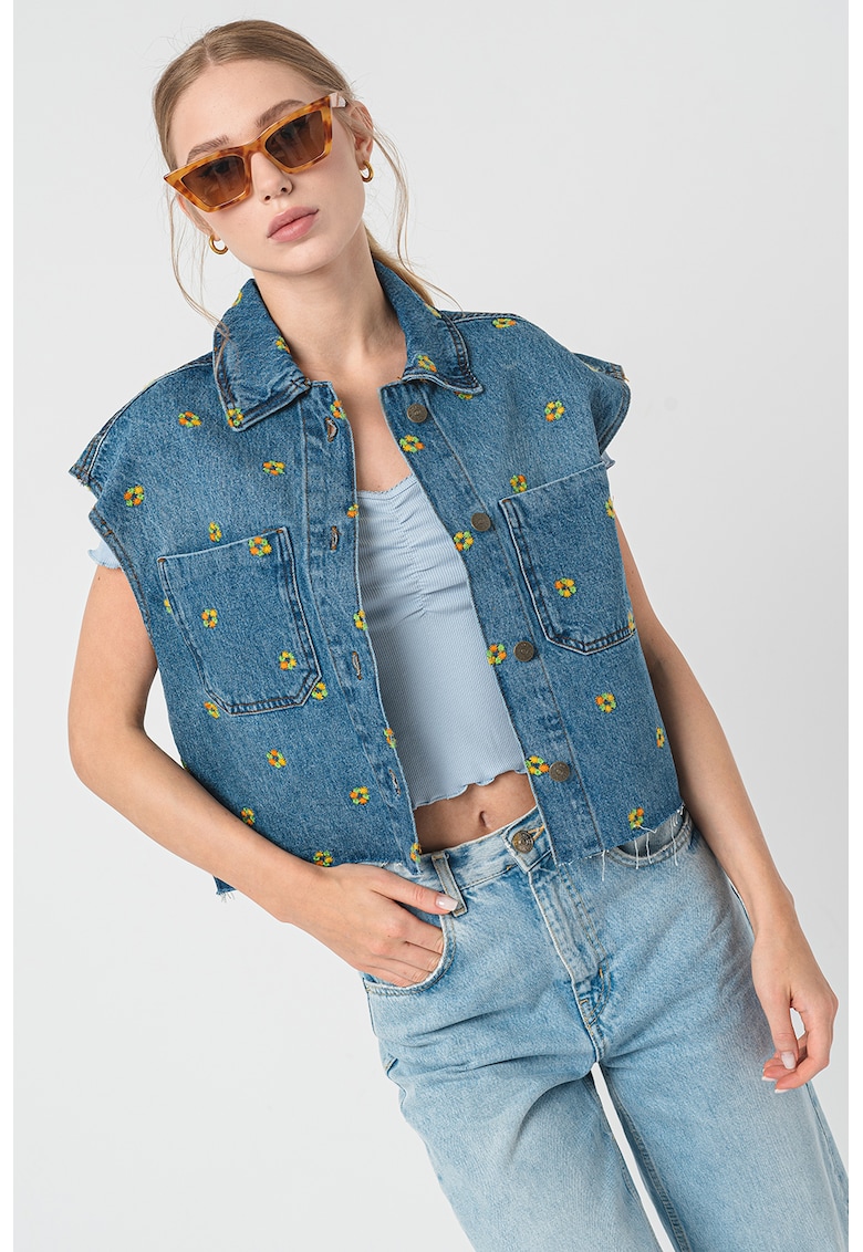 Jacheta de denim cu broderie florala