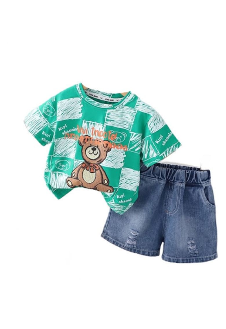 Compleu Cu Tricou Si Blugi - Model Bear - Casual - Baieti - Maneca scurta - Alb/Verde