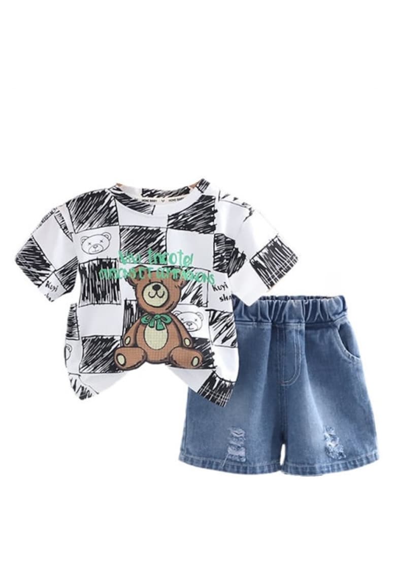 Compleu Cu Tricou Si Blugi - Model Bear - Casual - Baieti - Maneca scurta - Alb/Negru