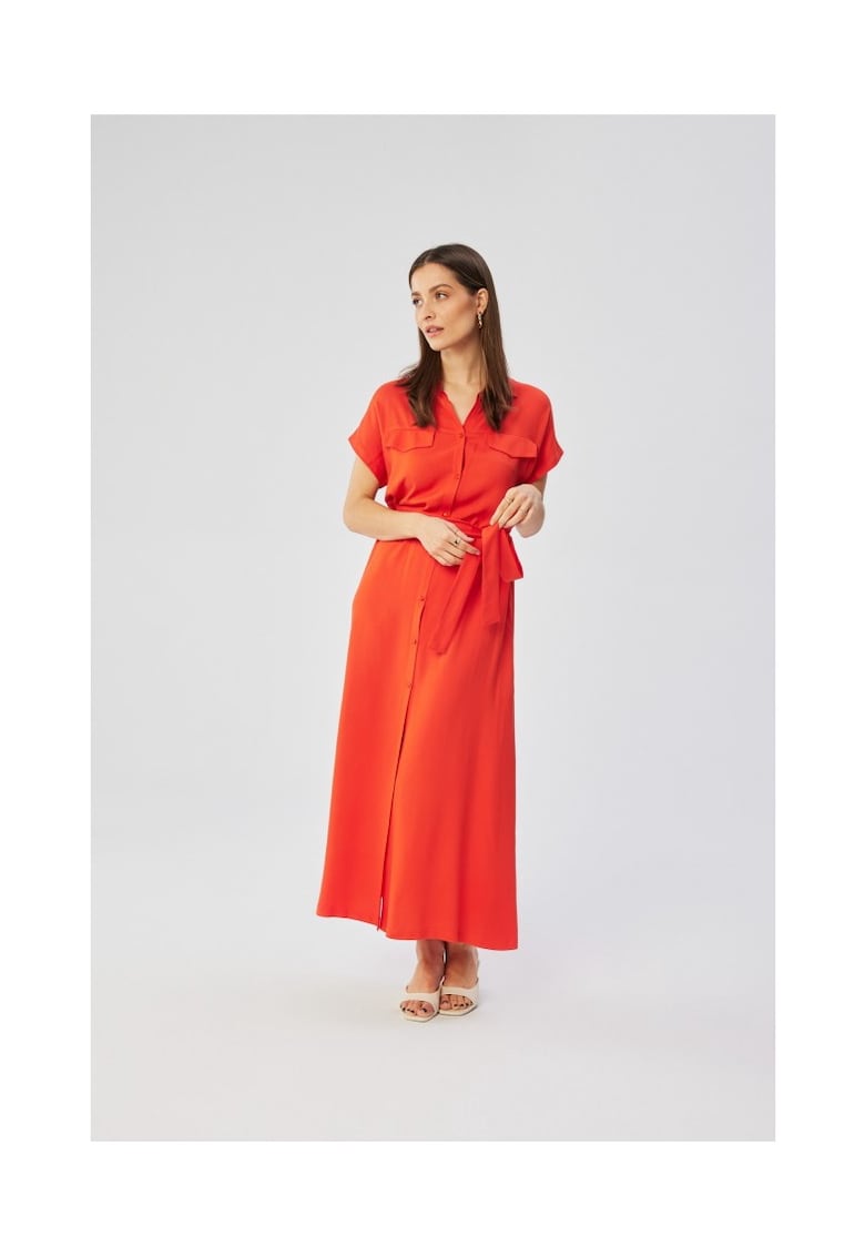 Rochie dama - maxi cu maneci scurte si maneci deschise - Poliester - Portocaliu