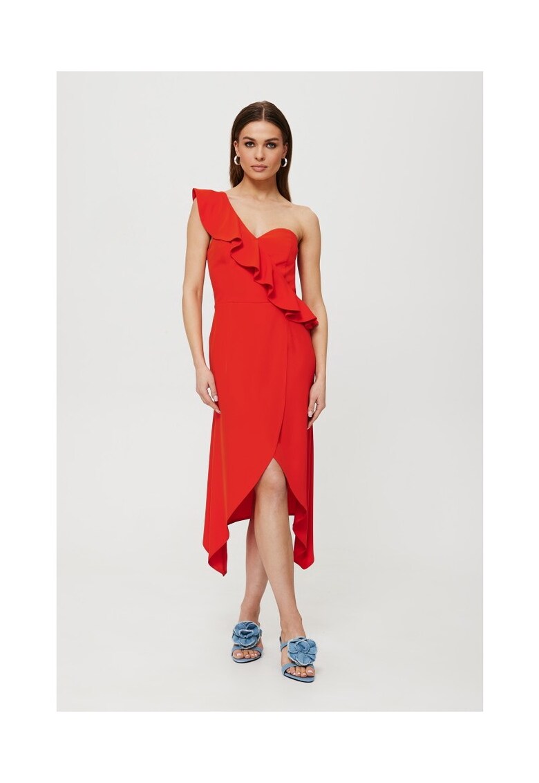 Rochie dama - cu volane pe un umar - Poliester - Rosu - Coral