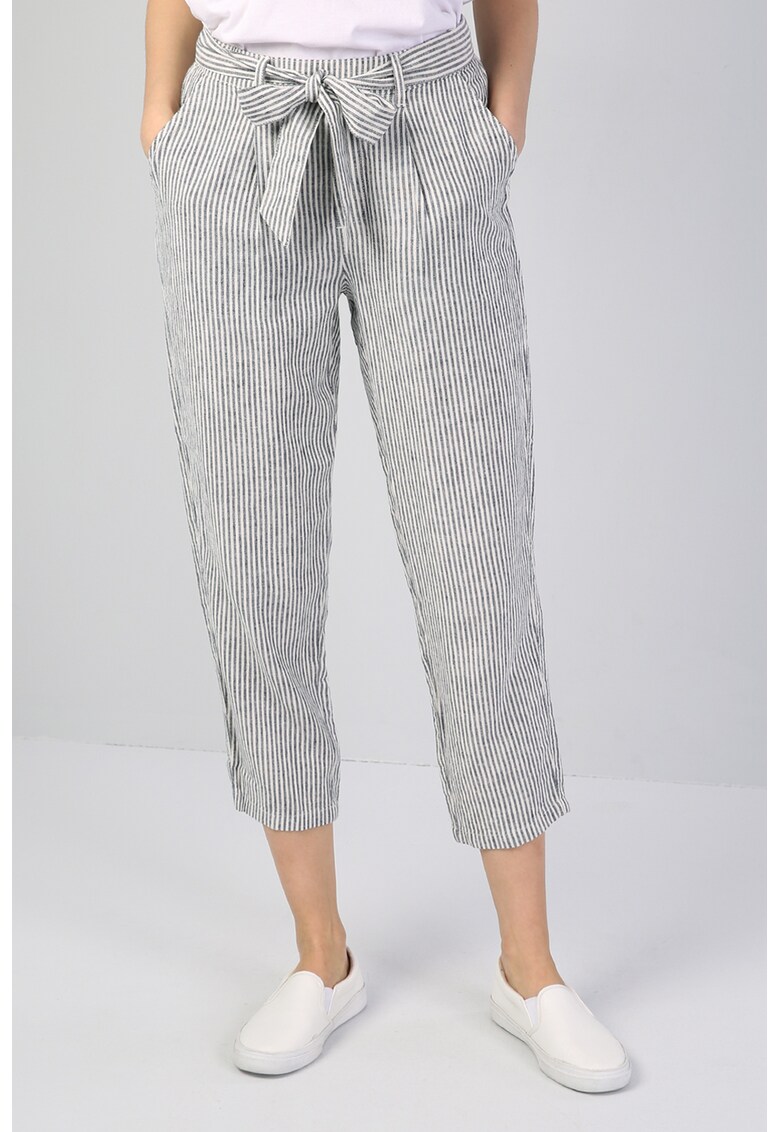 Pantaloni crop din amestec de in cu dungi