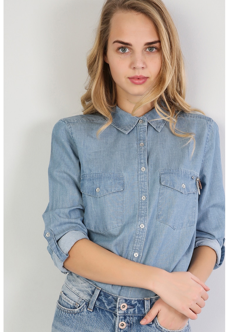 Camasa din denim cu buzunare pe piept