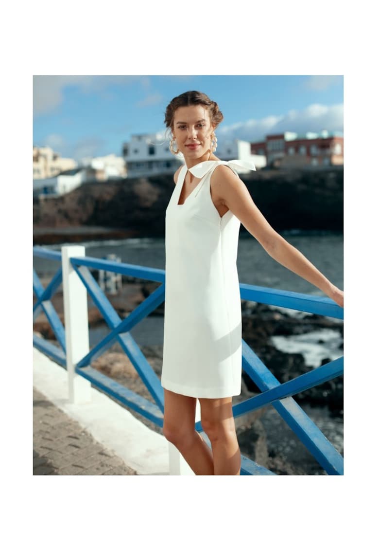 Rochie dama - Decolteu - Eleganta - Maneca lunga - Poliester/Bumbac - Ecru