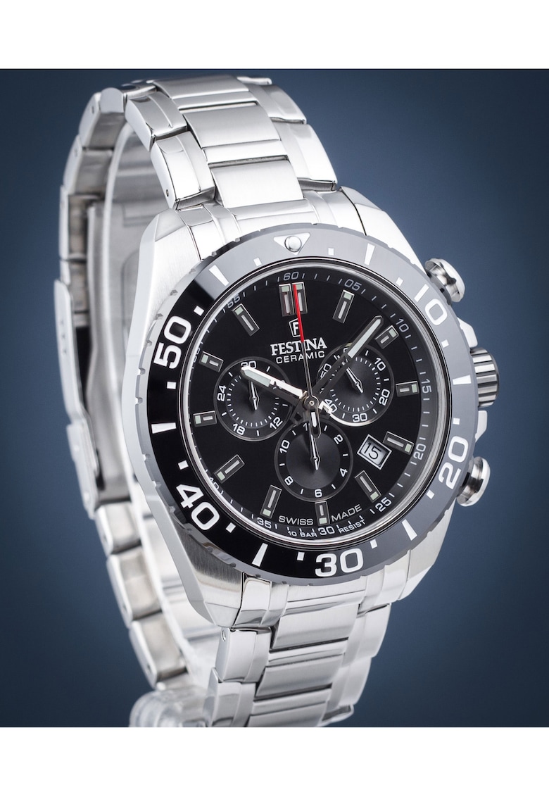 Ceas Ceramic Chronograph - mecanism Ronda 5030.d - cadran negru - 10 ATM - bratara otel inoxidabil