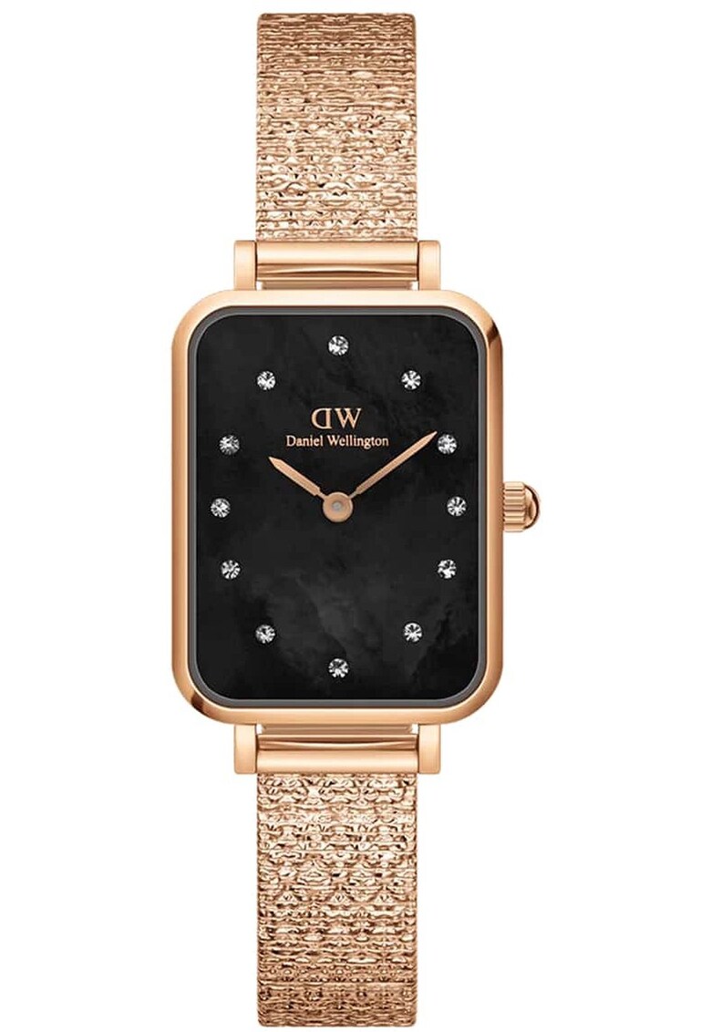 Ceas de dama Quadro - carcasa rectangulara PVD - negru cu perle si cristale - bratara decorativa - 3 ATM