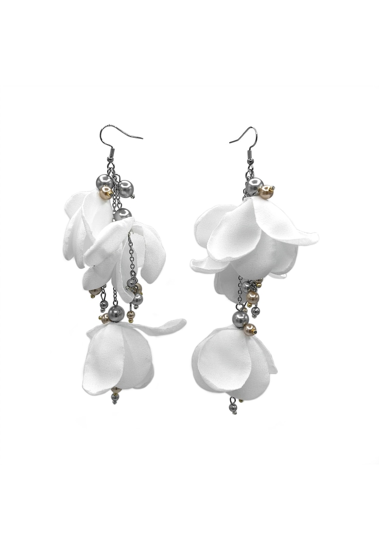 Cercei lungi voluminosi cu flori - Lovely - voal alb - perle si inox