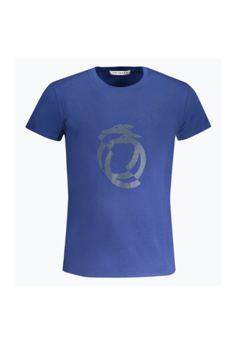 Tricou barbati cu imprimeu cu logo si decolteu la baza gatului - Albastru inchis