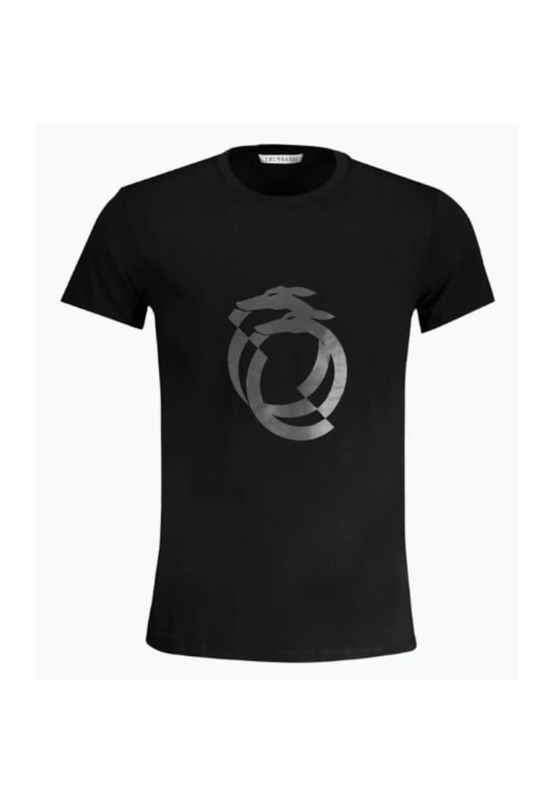 Tricou barbati cu imprimeu cu logo si decolteu la baza gatului - Negru