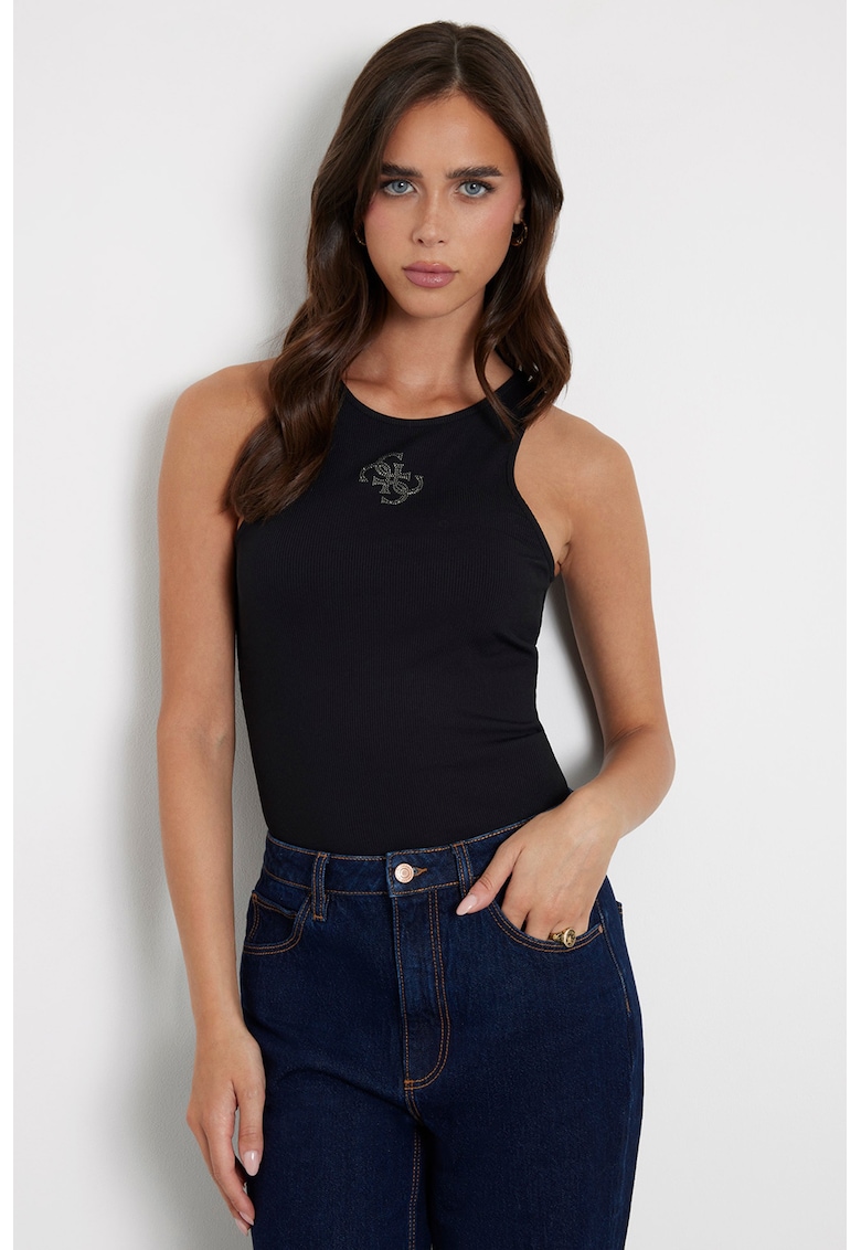 Guess Top cu striatii si logo din strasuri - Negru