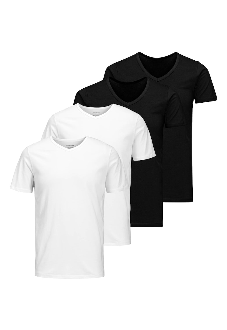 Jack & Jones Set de tricouri cu decolteu in V Basic - 4 piese - Alb/Negru