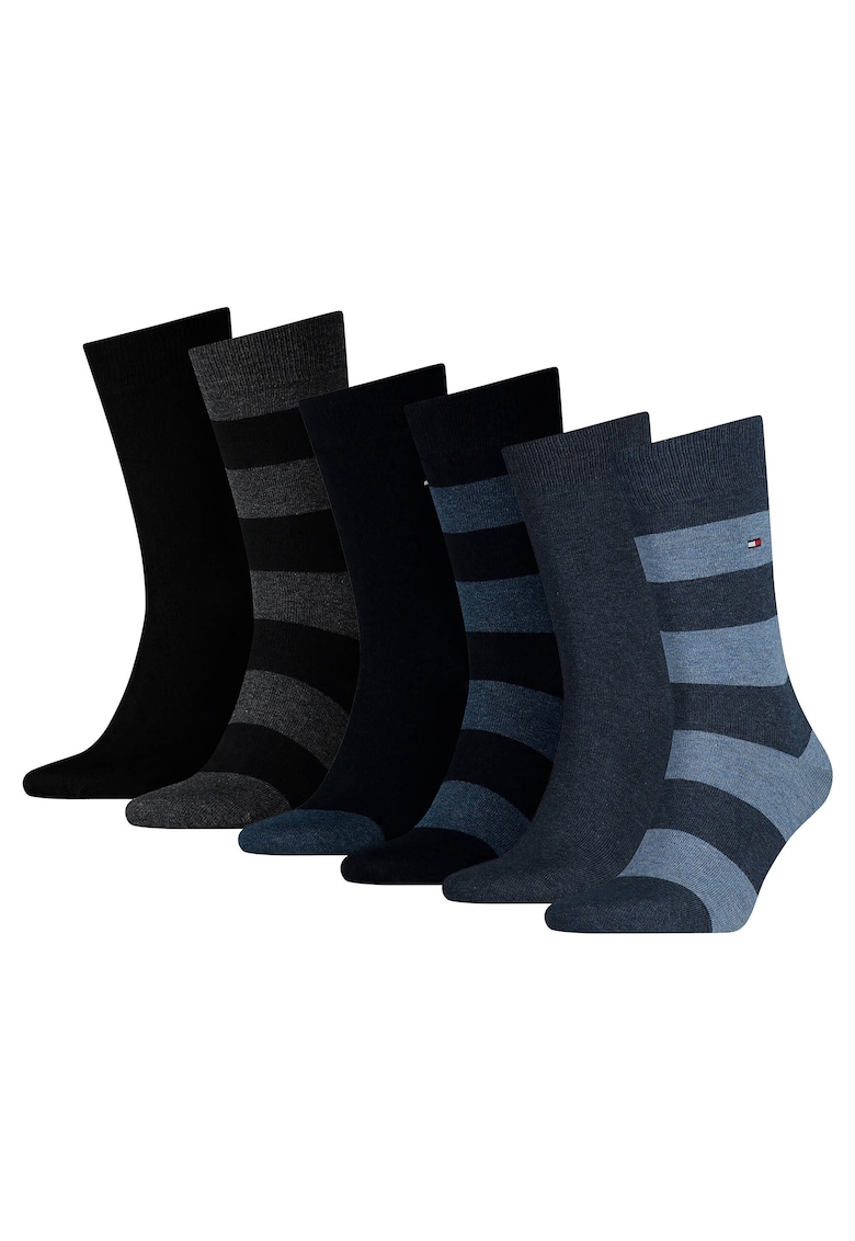 Set de sosete lungi cu dungi - 6 perechi - Negru/Albastru inchis