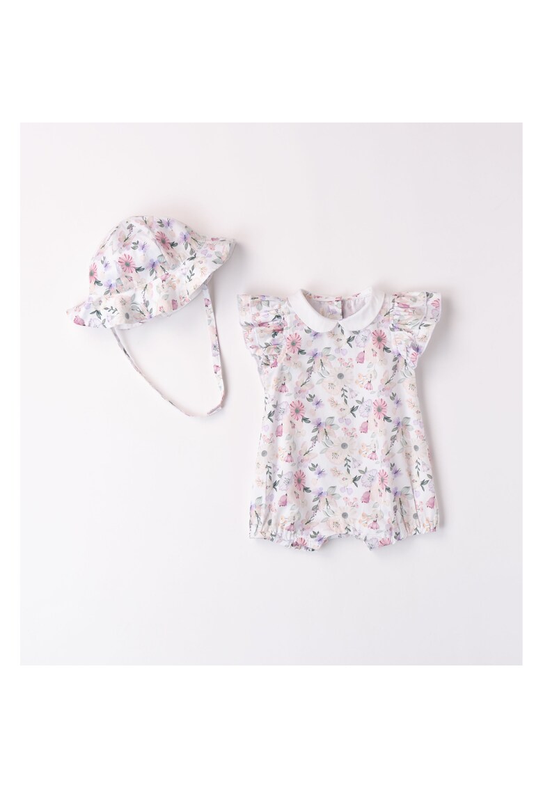 Salopeta scurta cu imprimeu floral si palarie asortata pentru fetita nou nascut - 3.8715 - Roz