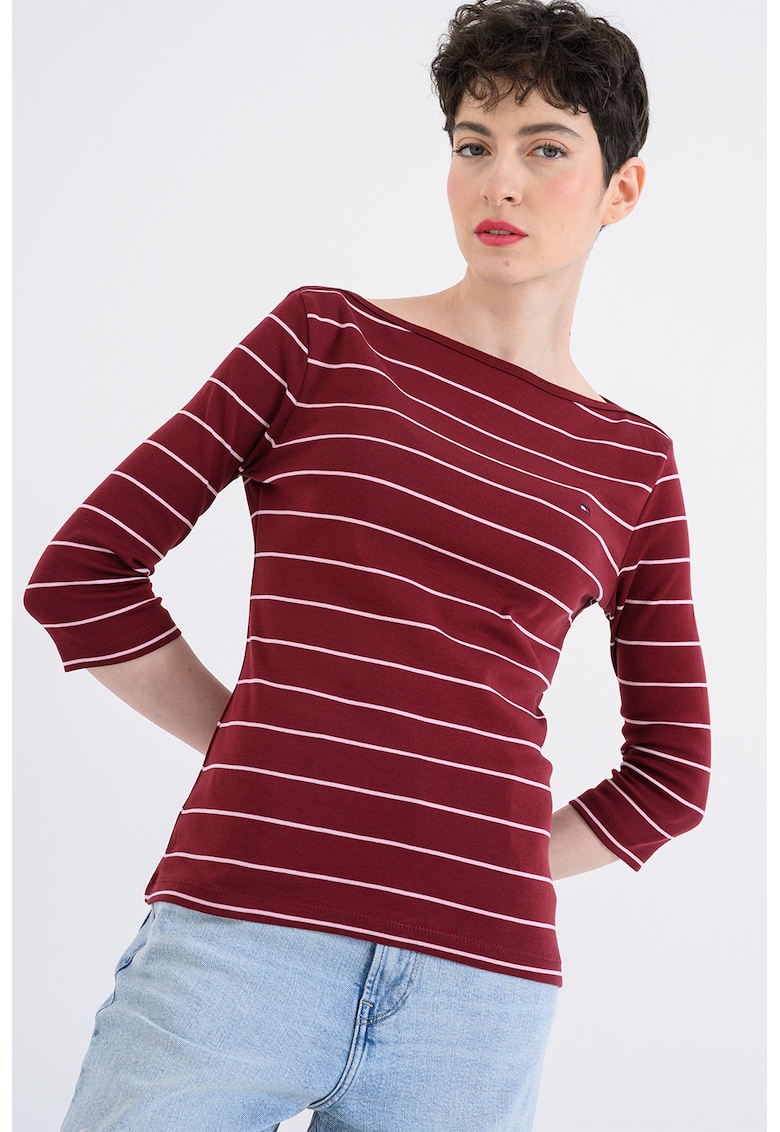 Bluza slim fit de bumbac cu maneci trei sferturi - Alb/Caramiziu