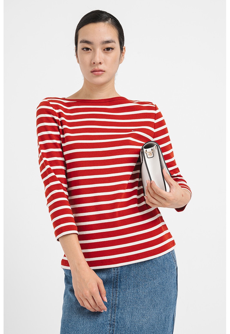Bluza slim fit de bumbac cu maneci trei sferturi - Alb/Caramiziu