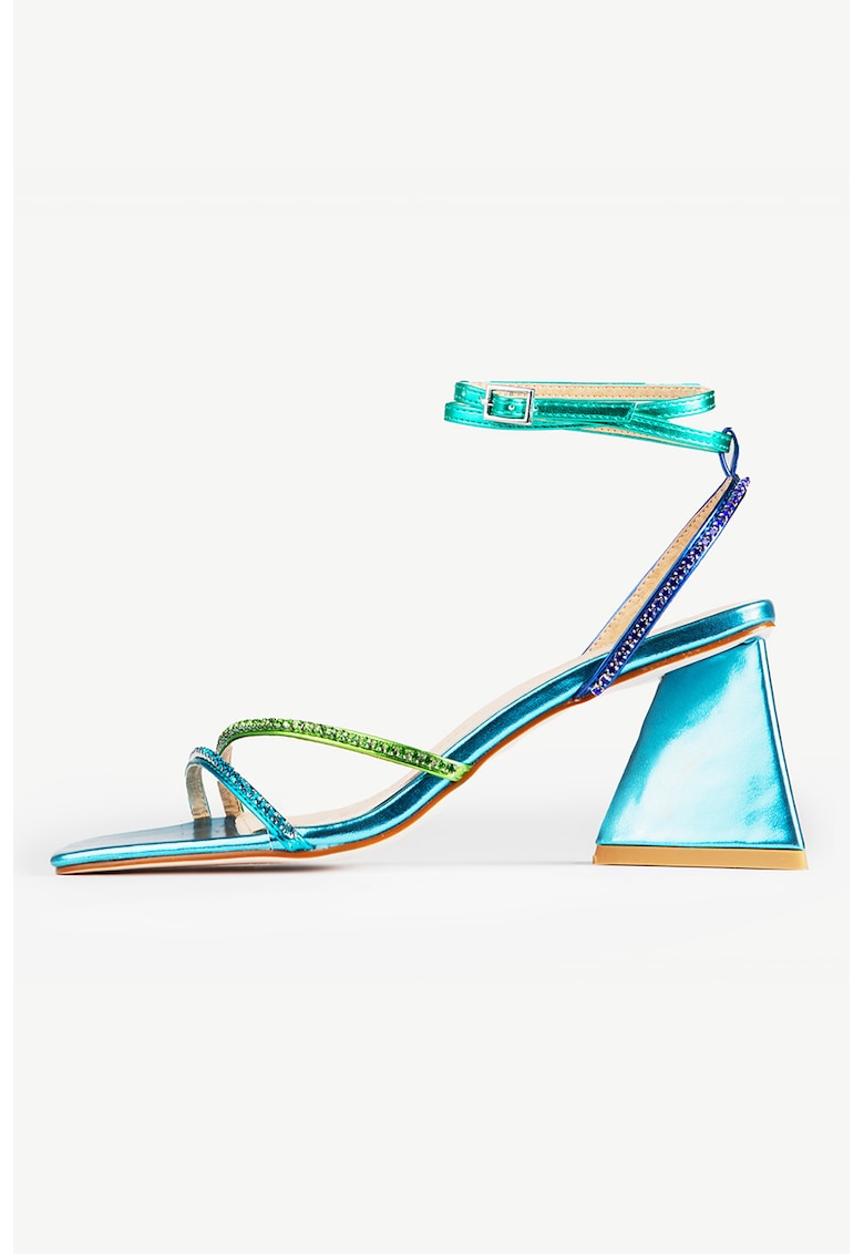 Sandale de piele ecologica cu toc si aspect metalic Sana - Turcoaz/Albastru